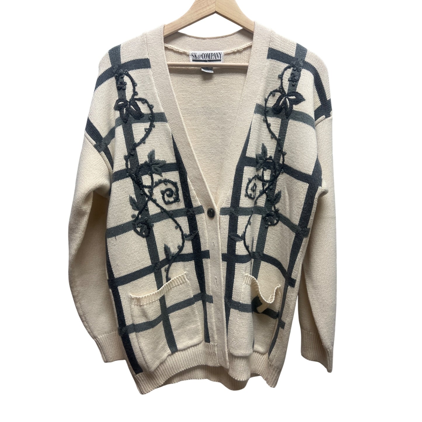 SK & Company Vintage 90's Cream and Gray Floral Cardigan