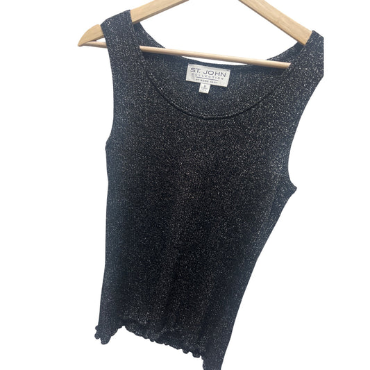St John Black Metallic Sparkle Knit Sweater Shell with Scalloped Hem
