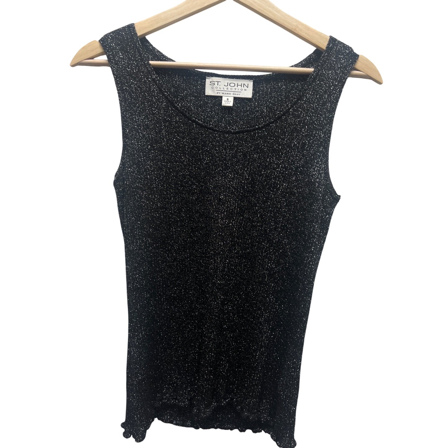 St John Black Metallic Sparkle Knit Sweater Shell with Scalloped Hem