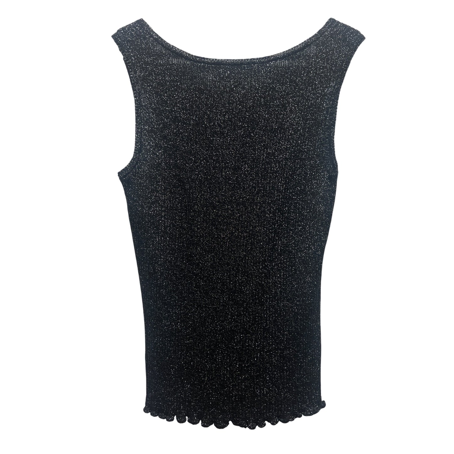 St John Black Metallic Sparkle Knit Sweater Shell with Scalloped Hem