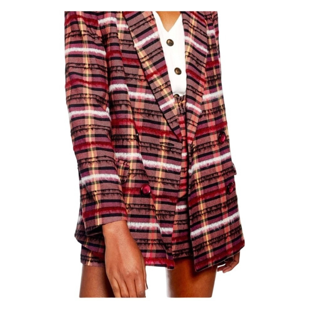Topshop Pink Plaid Oversized Double Breasted Cotton Blend Blazer