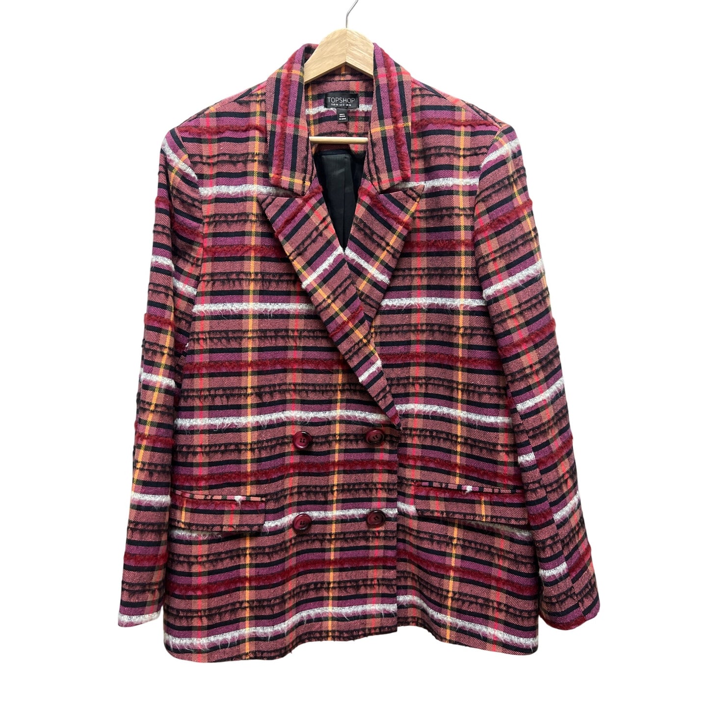 Topshop Pink Plaid Oversized Double Breasted Cotton Blend Blazer