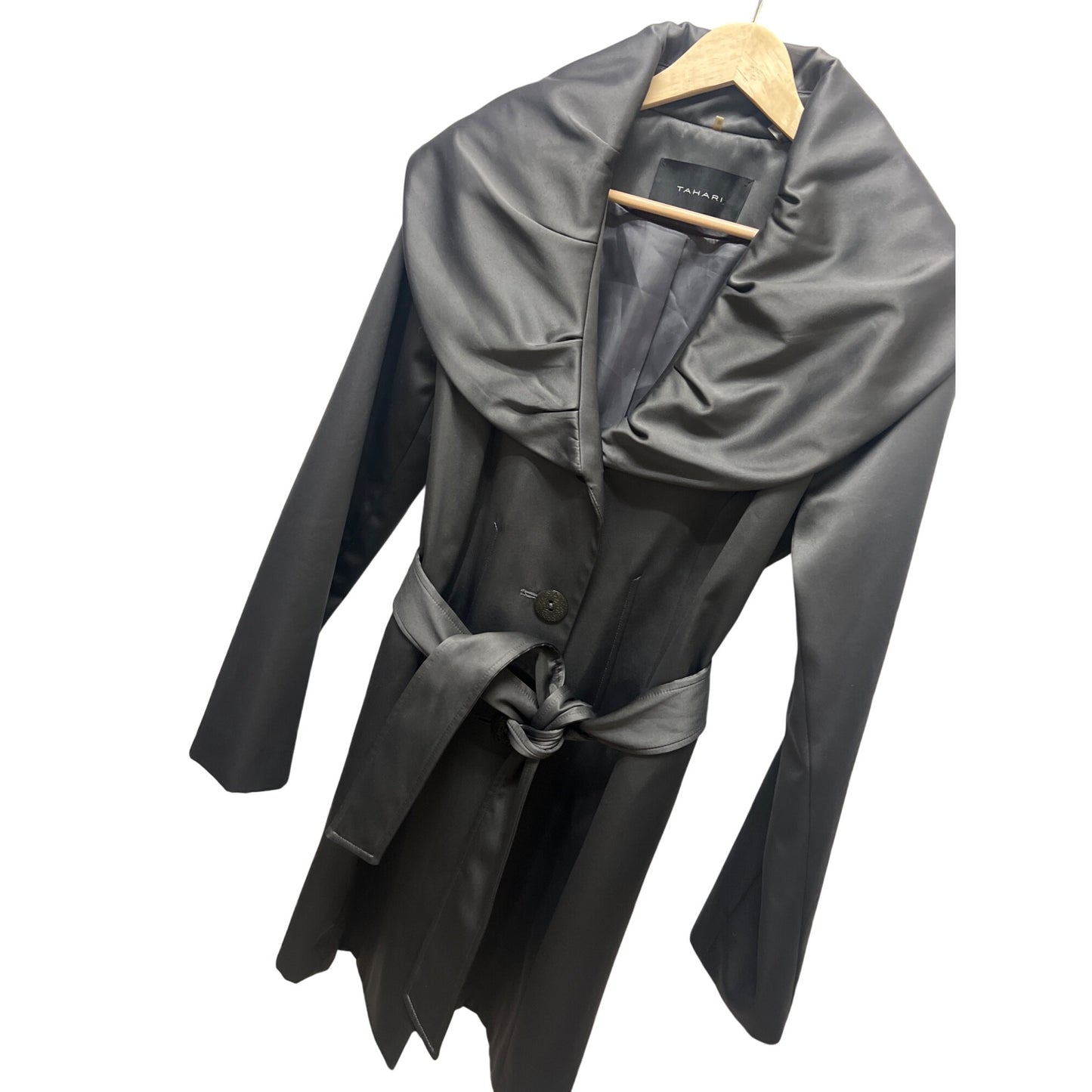 Tahari Vintage Y2K Satin Feel Large Collar Dark Gray Trench Coat