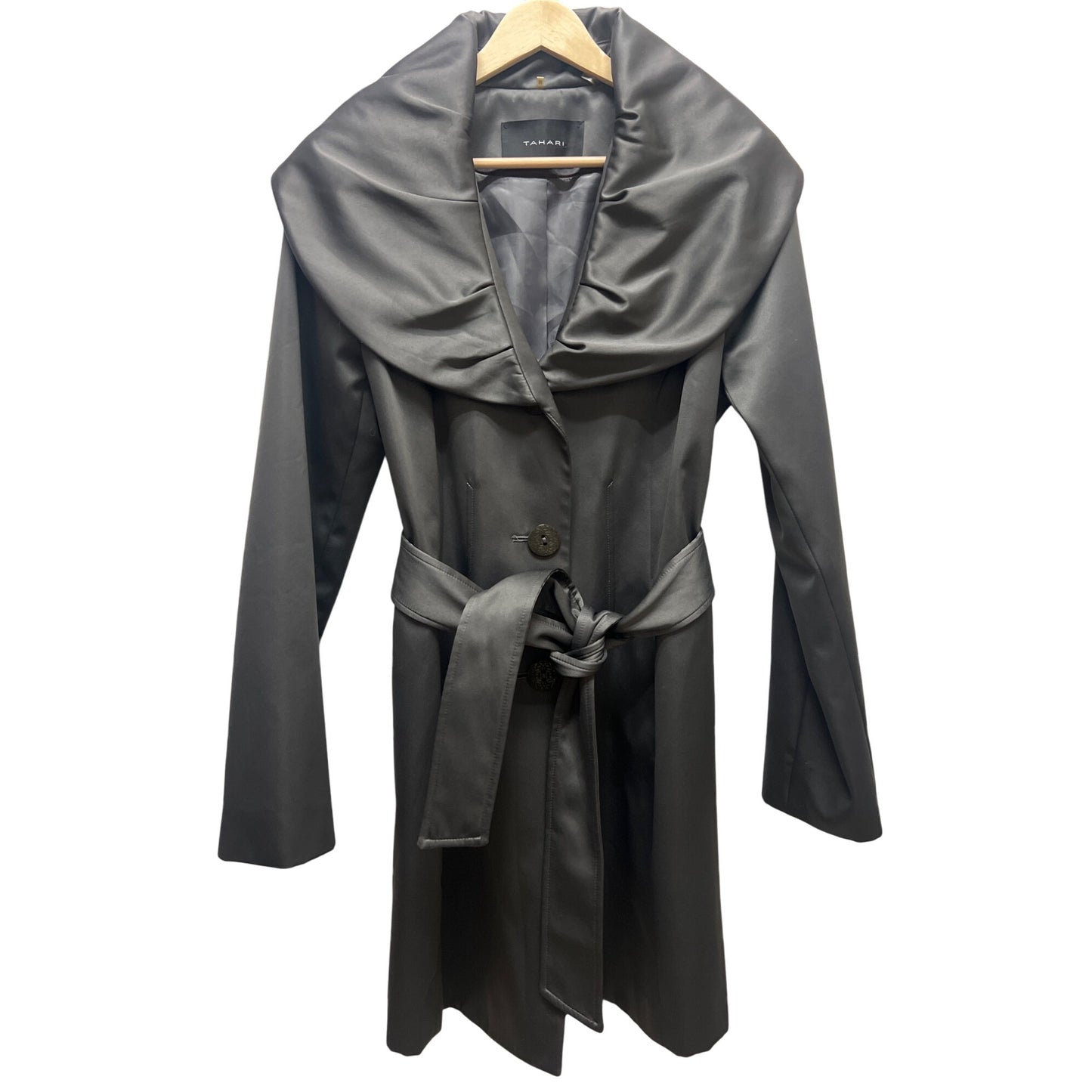 Tahari Vintage Y2K Satin Feel Large Collar Dark Gray Trench Coat
