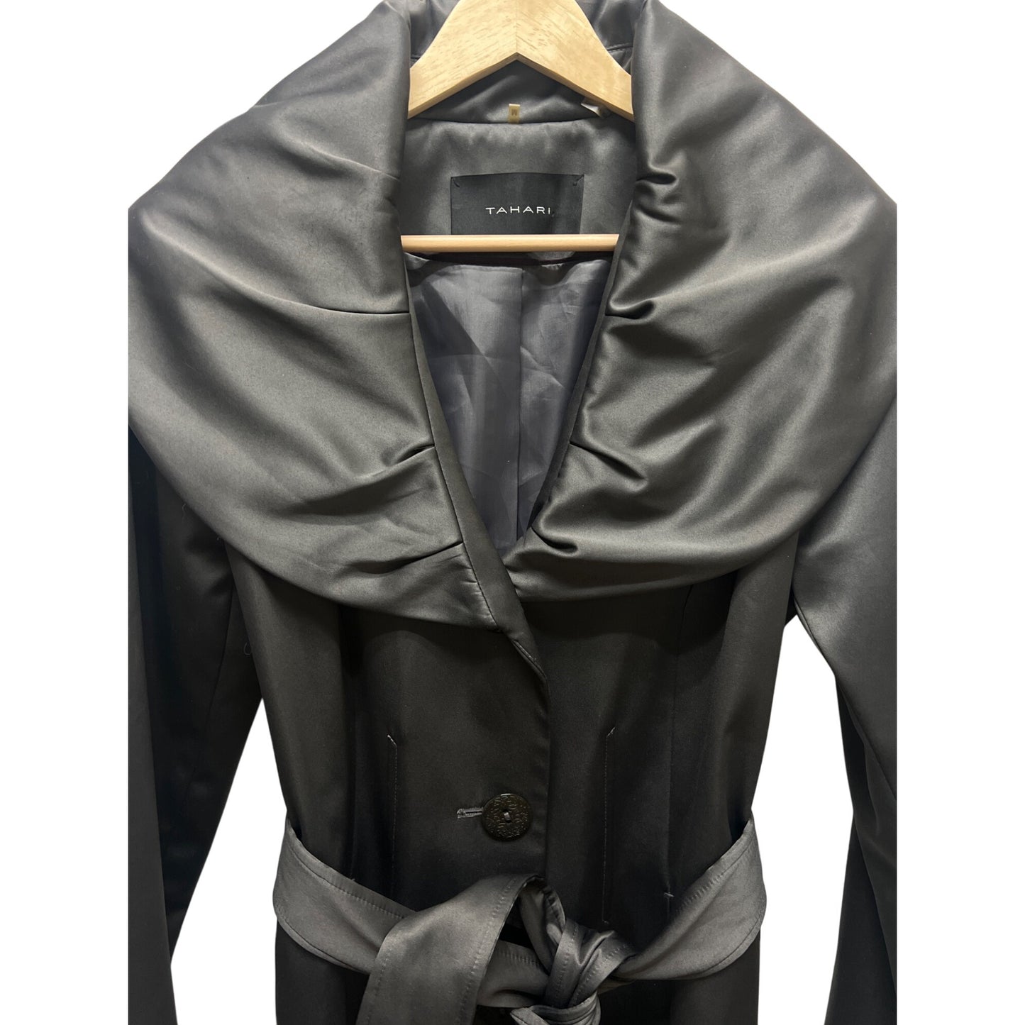 Tahari Vintage Y2K Satin Feel Large Collar Dark Gray Trench Coat