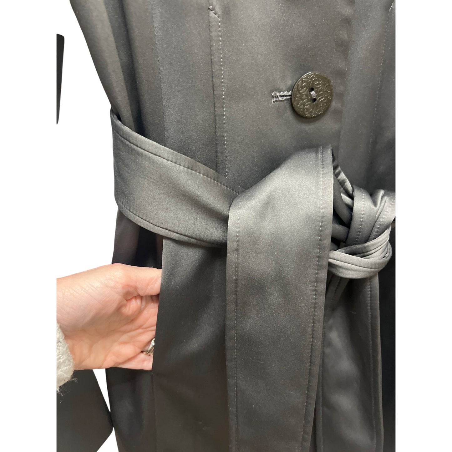 Tahari Vintage Y2K Satin Feel Large Collar Dark Gray Trench Coat
