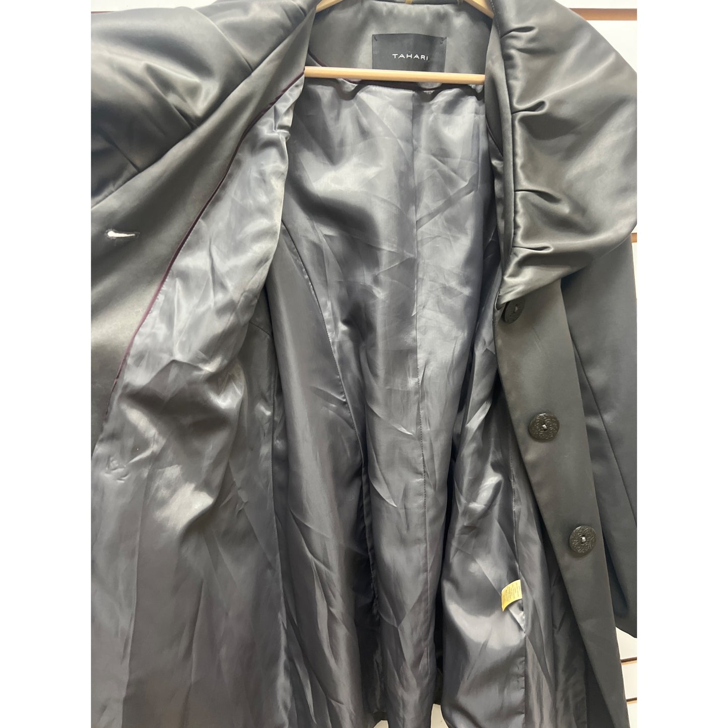 Tahari Vintage Y2K Satin Feel Large Collar Dark Gray Trench Coat