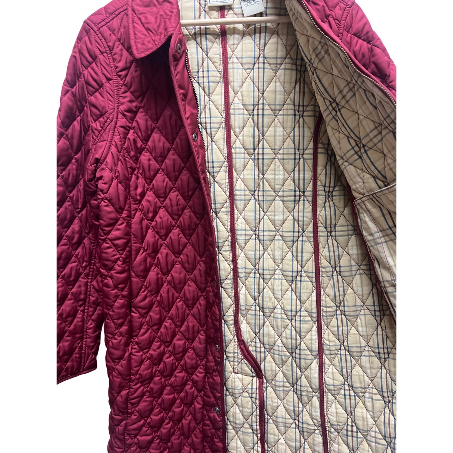 L.L. Bean Vintage 90's Long Red Burgandy Quilted Chore Coat with Plaid Lining