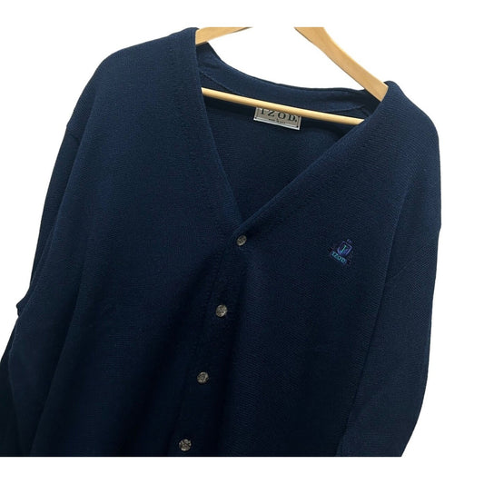 Izod Vintage 90's Navy Blue Embroidered Logo Wool Blend Cardigan Sweater