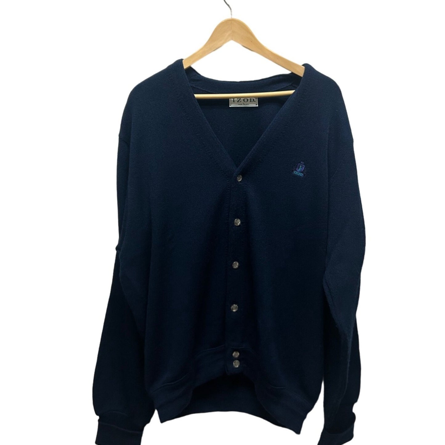 Izod Vintage 90's Navy Blue Embroidered Logo Wool Blend Cardigan Sweater