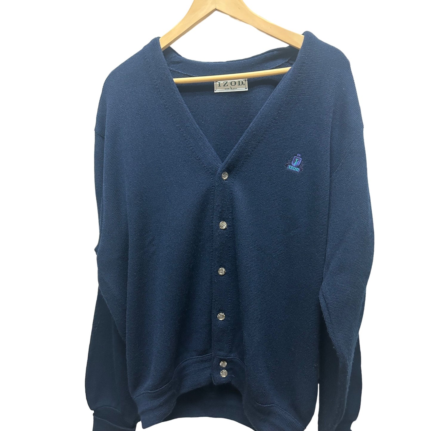 Izod Vintage 90's Navy Blue Embroidered Logo Wool Blend Cardigan Sweater