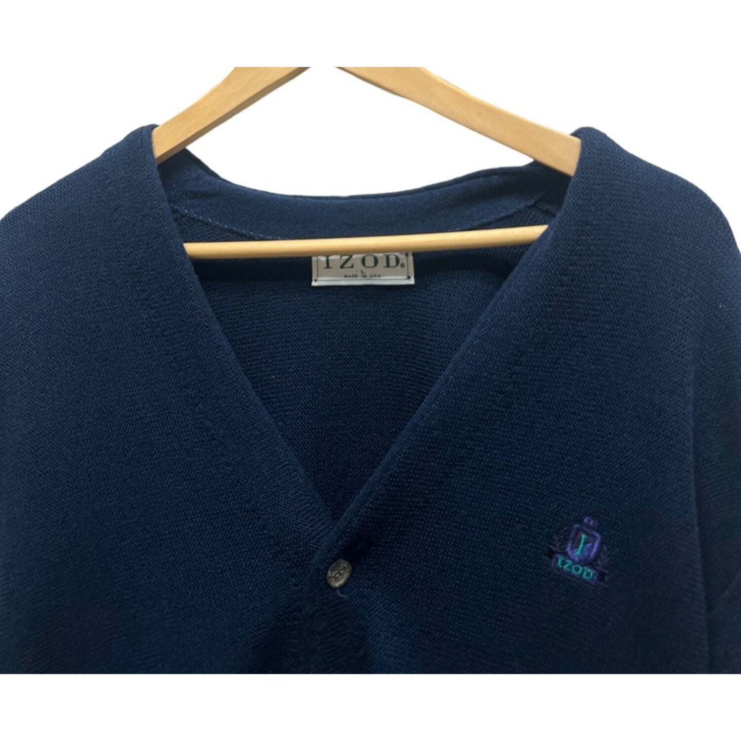 Izod Vintage 90's Navy Blue Embroidered Logo Wool Blend Cardigan Sweater