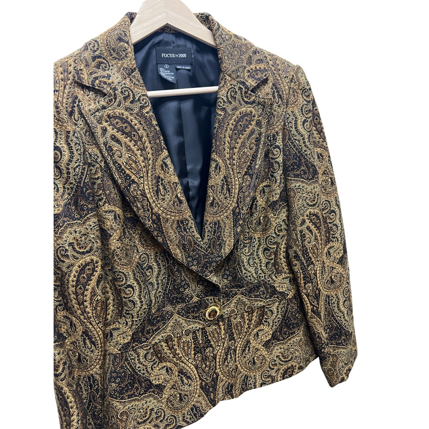 Focus 2000 Vintage Brown Paisley Tapestry Blazer with Jewel Button
