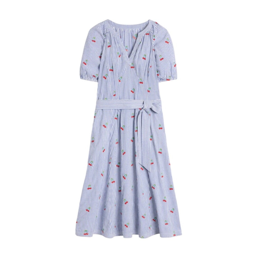 Boden NWT Bria Blue Striped Seersucker Cherry Embroidered A-Line Midi Dress
