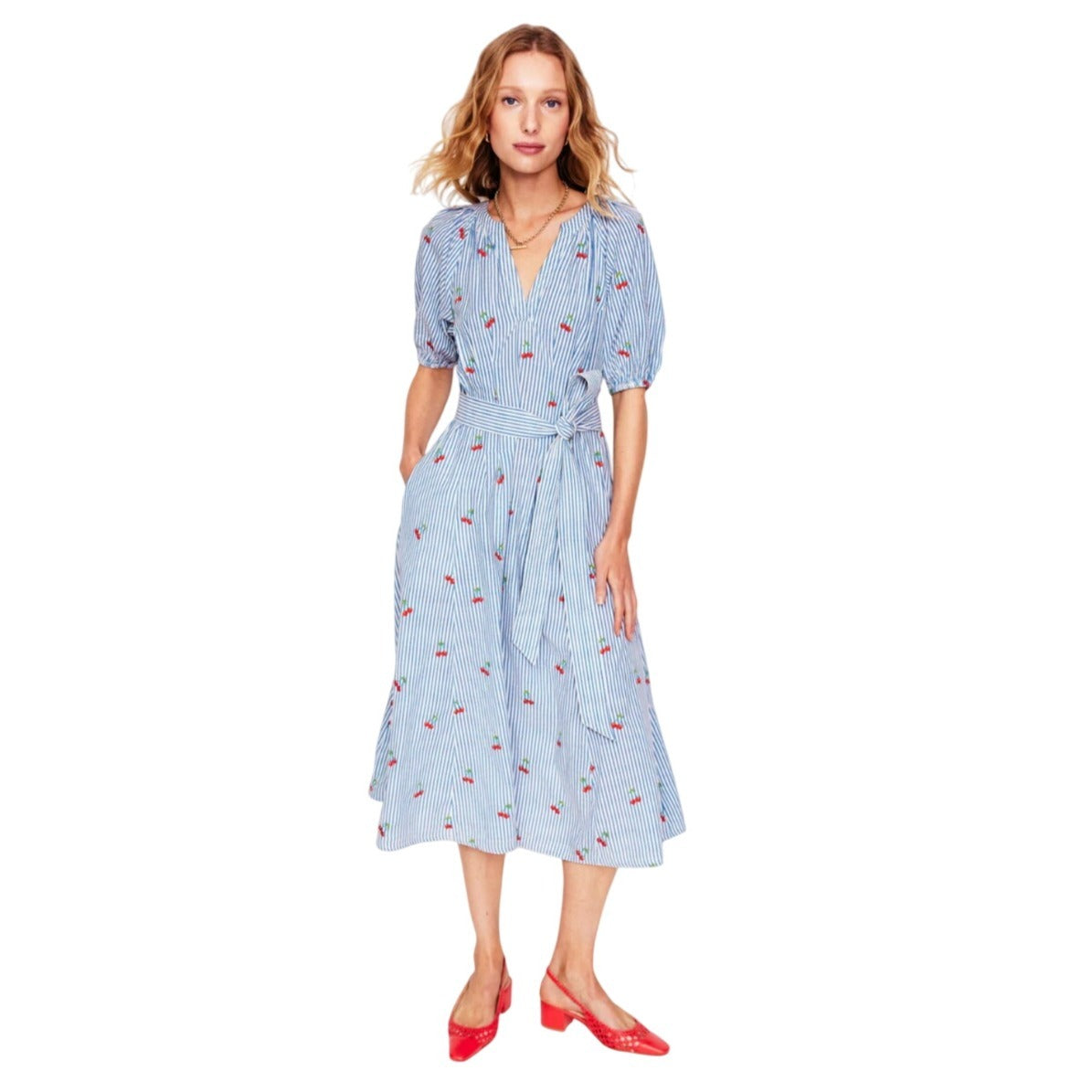 Boden NWT Bria Blue Striped Seersucker Cherry Embroidered A-Line Midi Dress