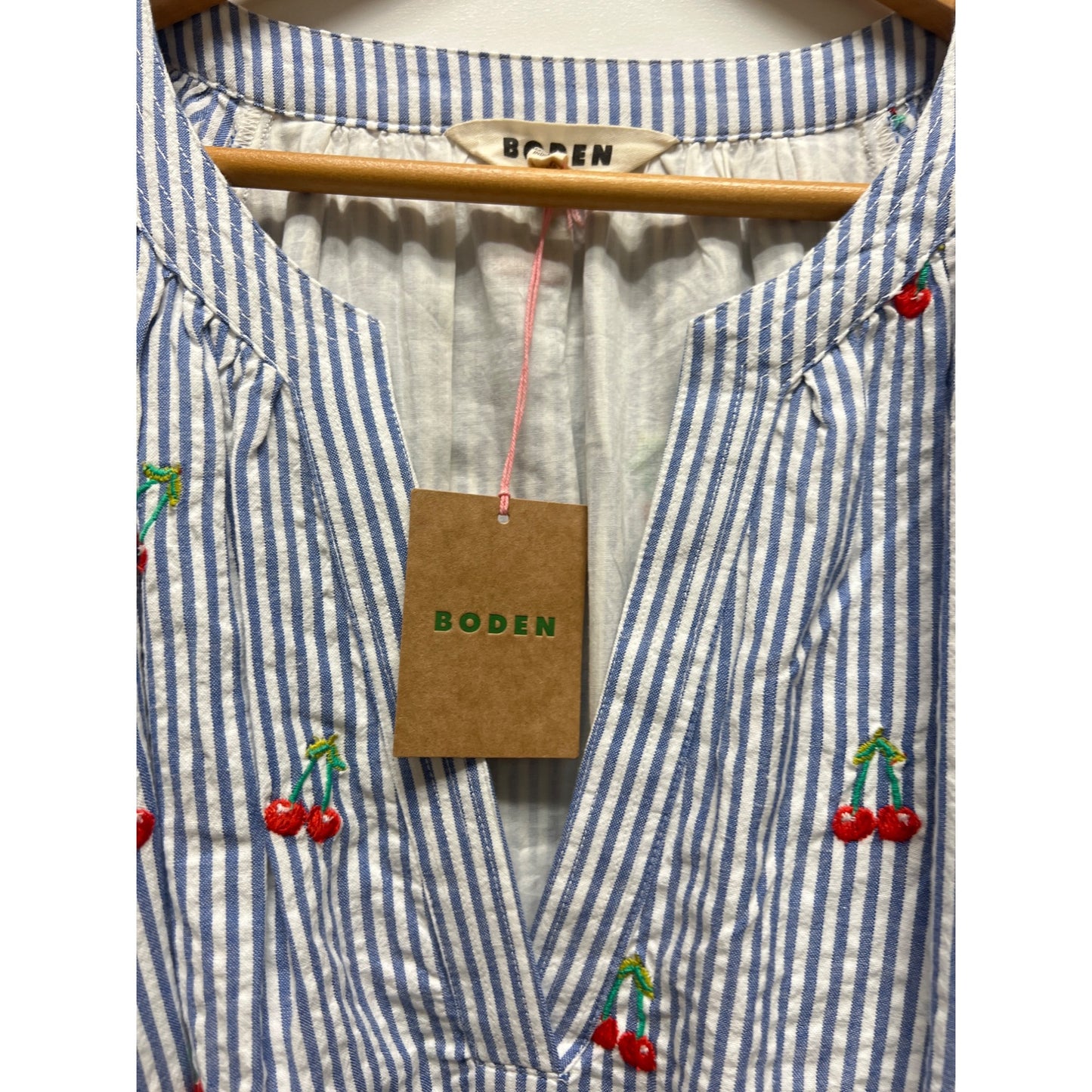 Boden NWT Bria Blue Striped Seersucker Cherry Embroidered A-Line Midi Dress