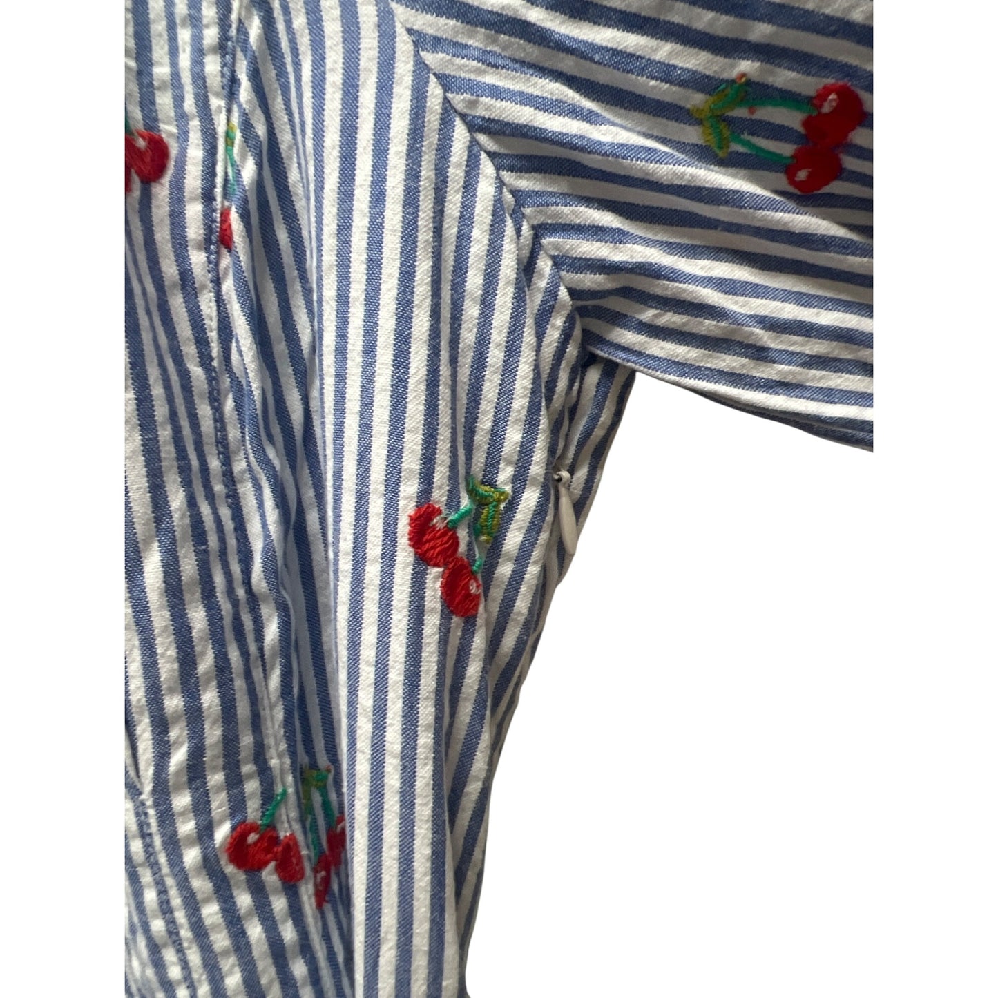 Boden NWT Bria Blue Striped Seersucker Cherry Embroidered A-Line Midi Dress