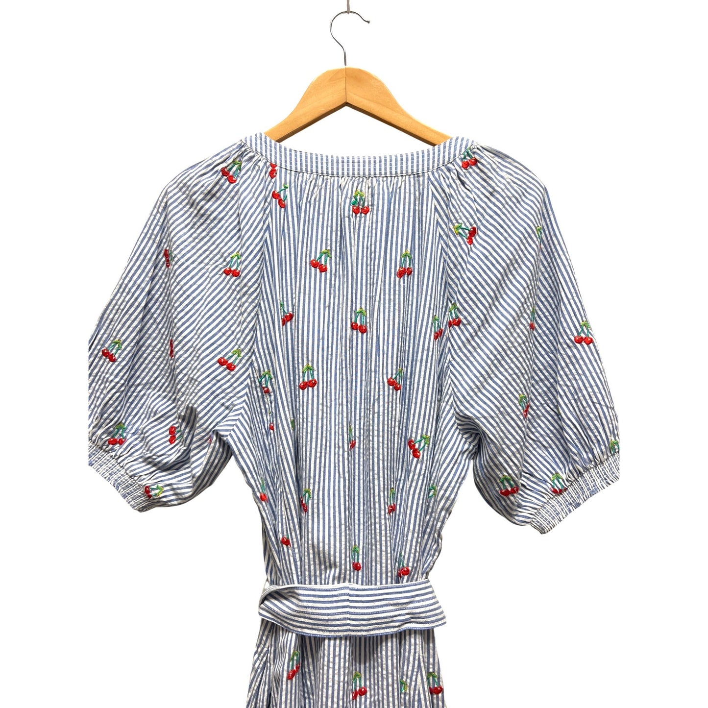 Boden NWT Bria Blue Striped Seersucker Cherry Embroidered A-Line Midi Dress