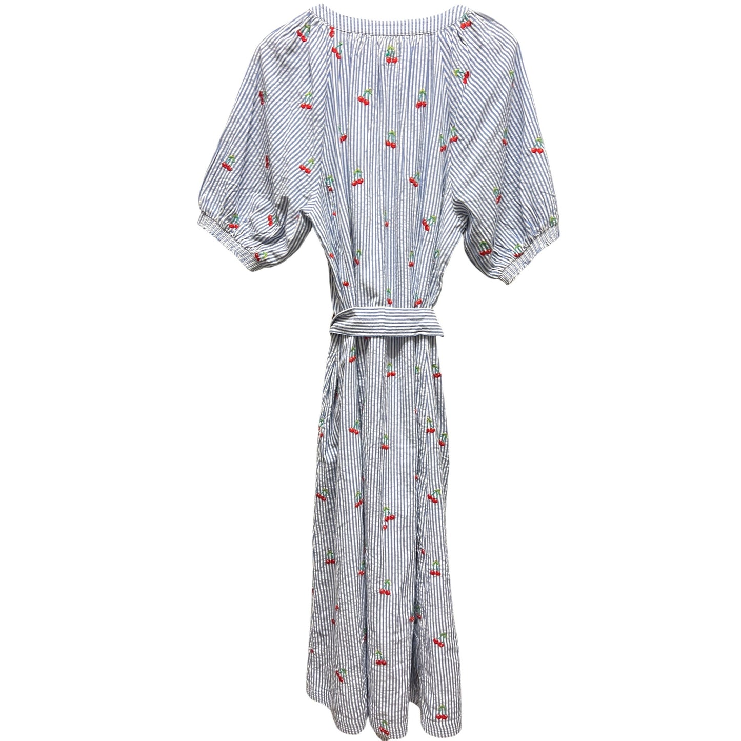 Boden NWT Bria Blue Striped Seersucker Cherry Embroidered A-Line Midi Dress