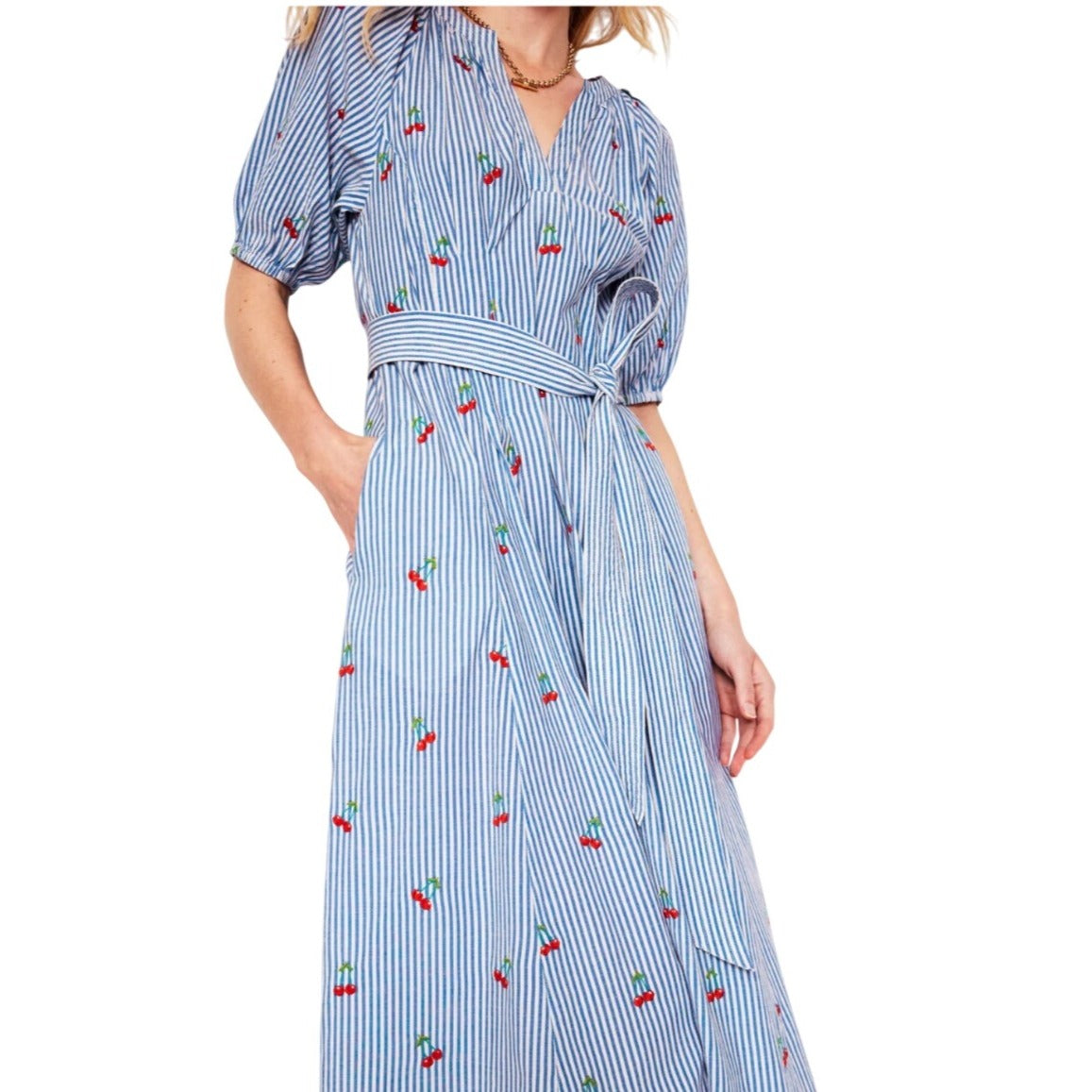 Boden NWT Bria Blue Striped Seersucker Cherry Embroidered A-Line Midi Dress