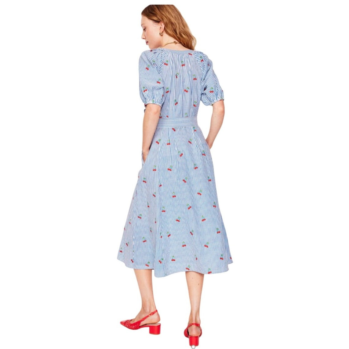Boden NWT Bria Blue Striped Seersucker Cherry Embroidered A-Line Midi Dress