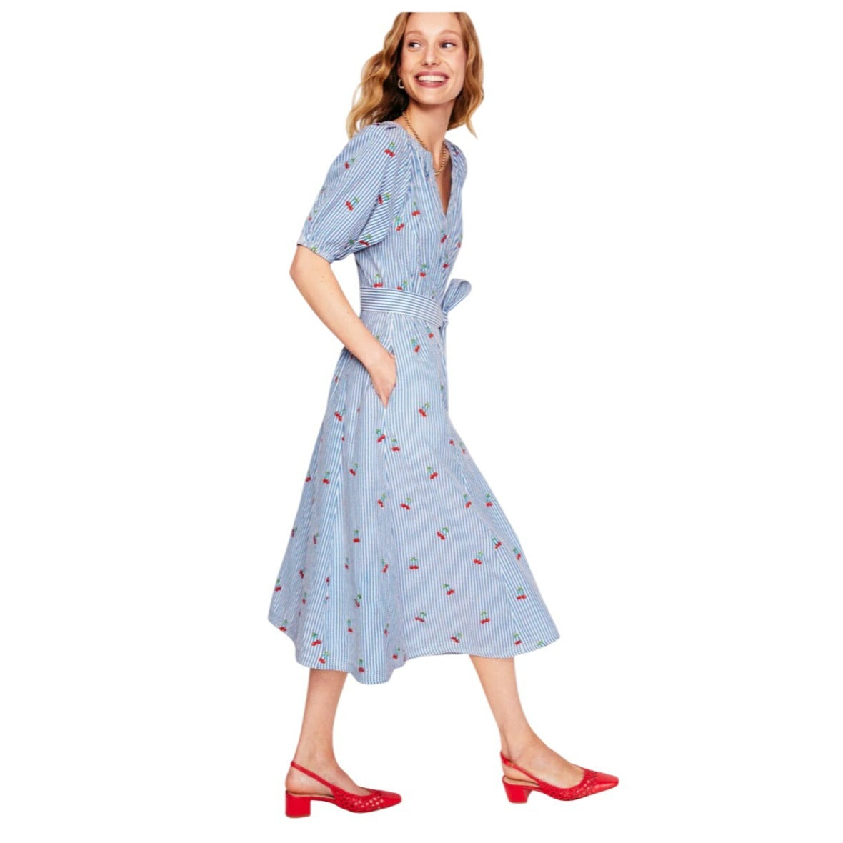 Boden NWT Bria Blue Striped Seersucker Cherry Embroidered A-Line Midi Dress