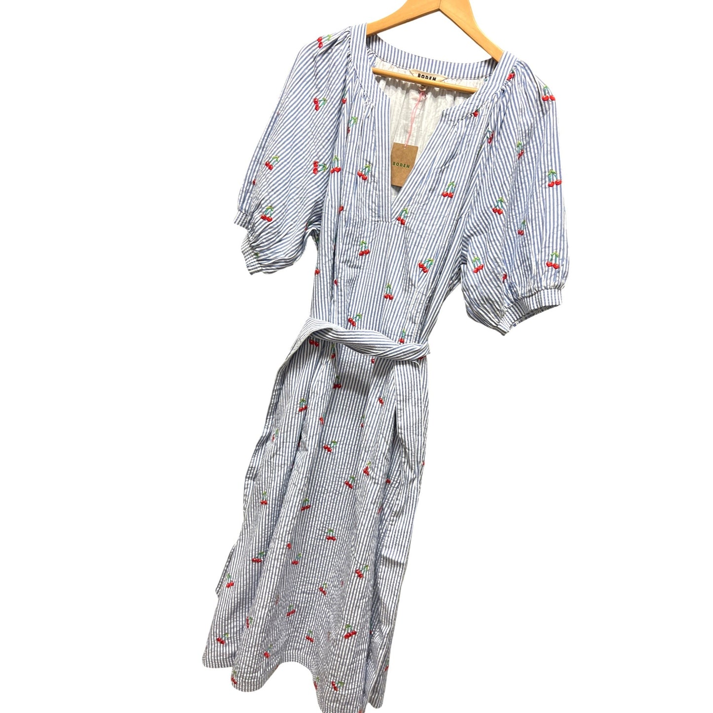 Boden NWT Bria Blue Striped Seersucker Cherry Embroidered A-Line Midi Dress