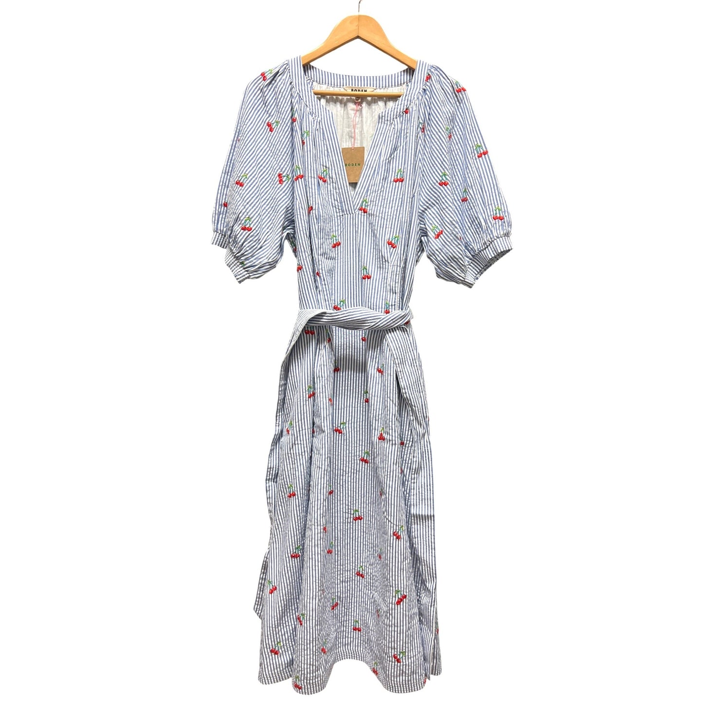 Boden NWT Bria Blue Striped Seersucker Cherry Embroidered A-Line Midi Dress
