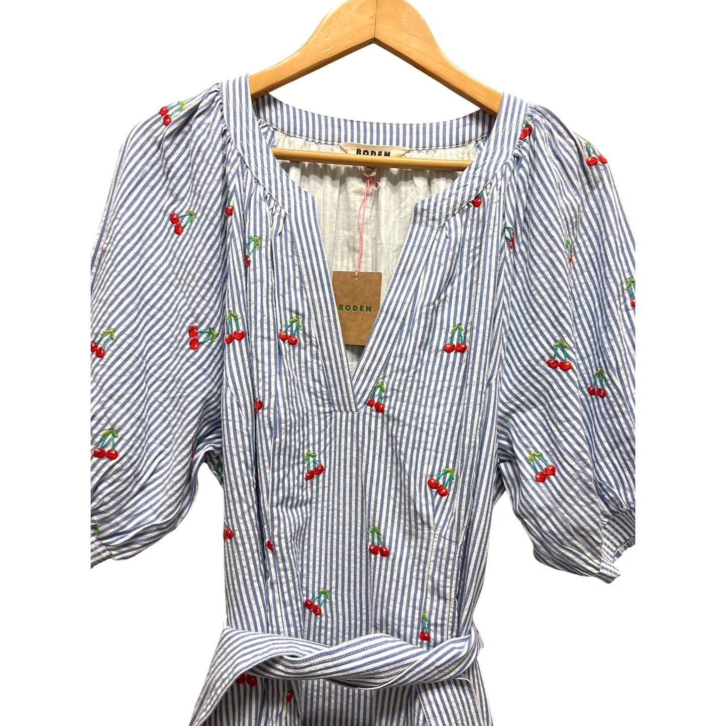 Boden NWT Bria Blue Striped Seersucker Cherry Embroidered A-Line Midi Dress