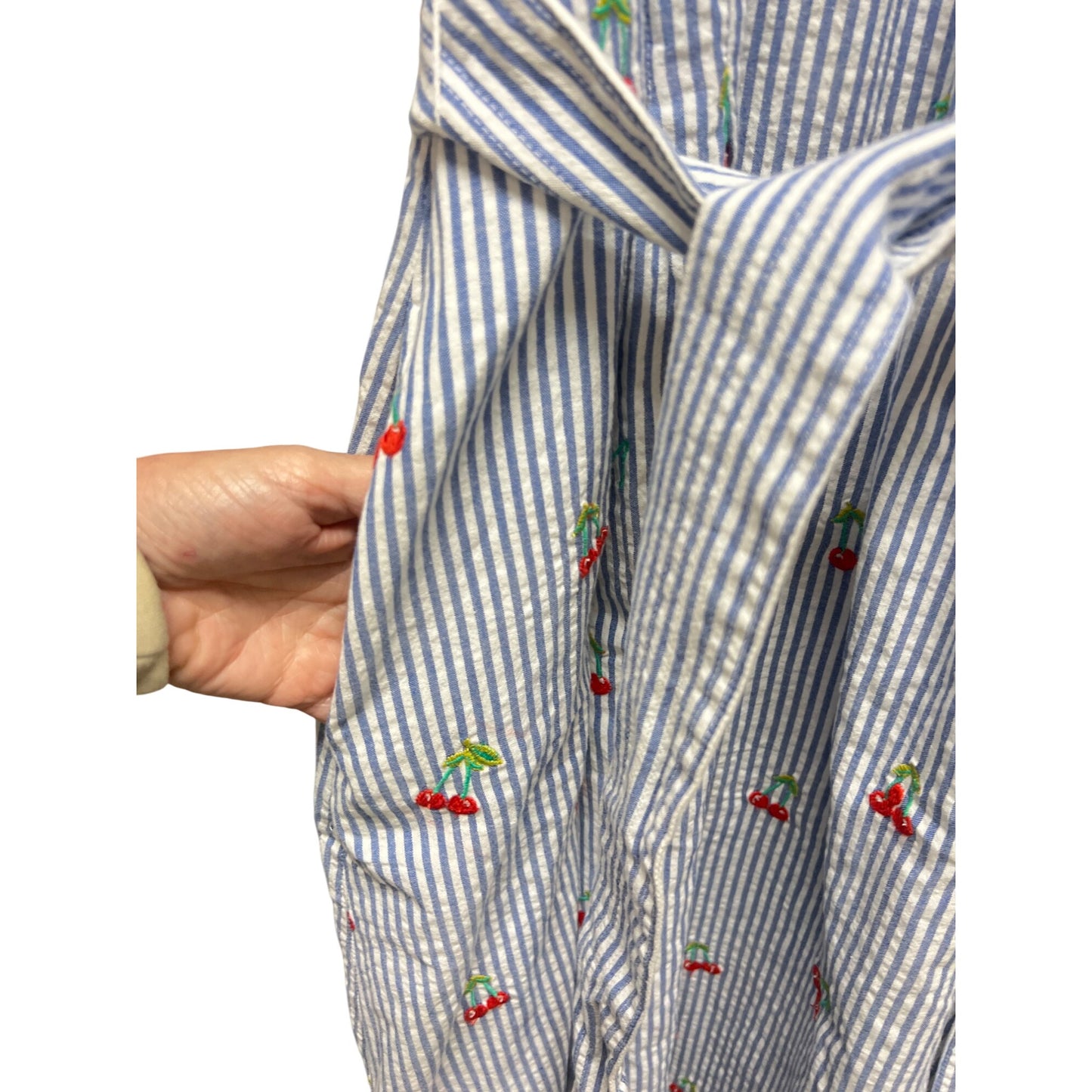 Boden NWT Bria Blue Striped Seersucker Cherry Embroidered A-Line Midi Dress