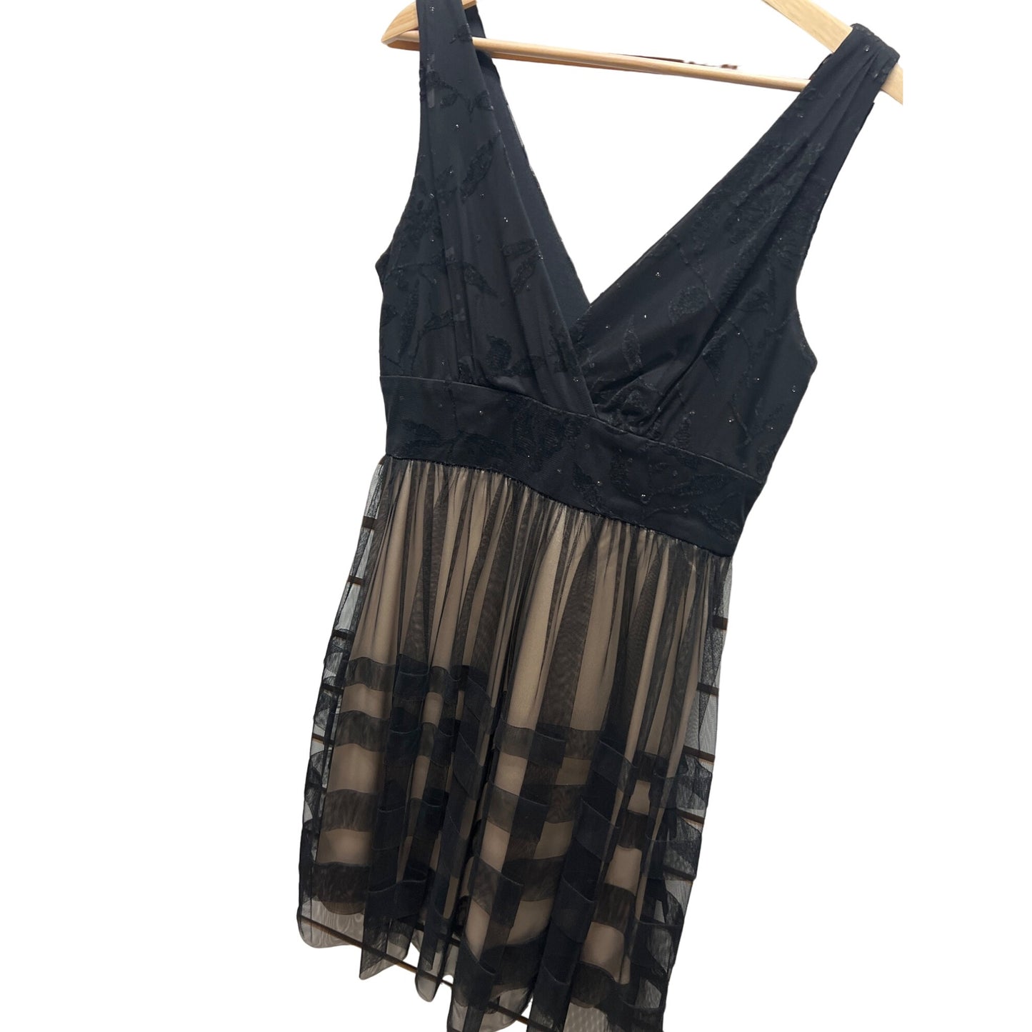 Sandra Darren Nude and Black Overlay A-Line Tulle Cocktail Dress