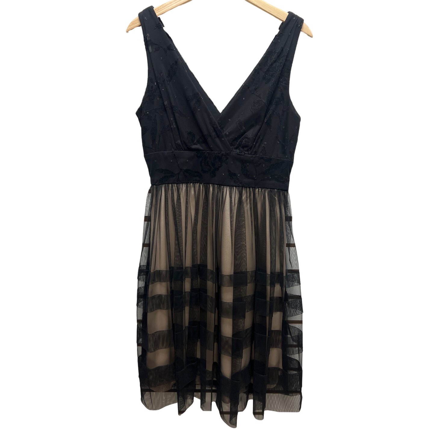 Sandra Darren Nude and Black Overlay A-Line Tulle Cocktail Dress