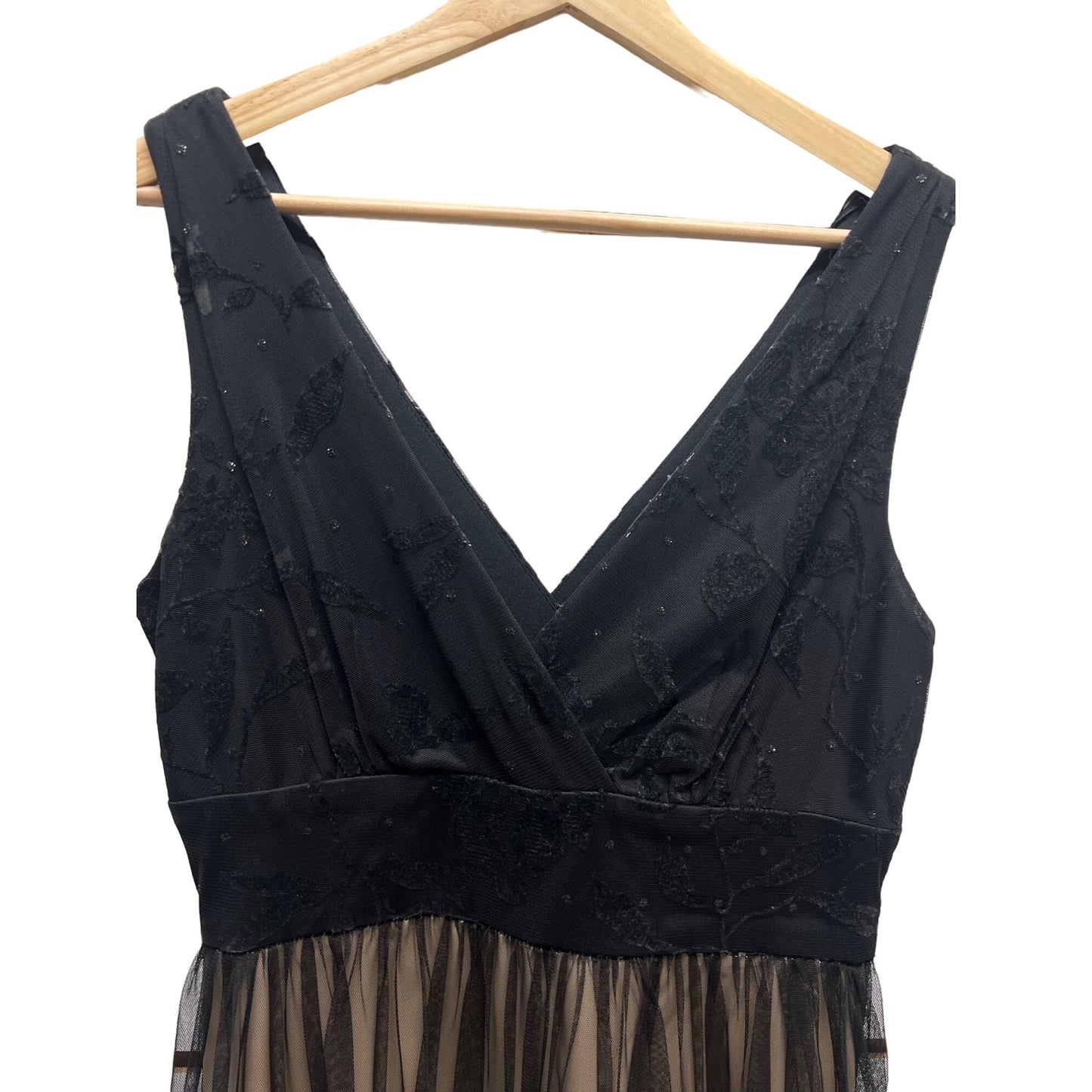 Sandra Darren Nude and Black Overlay A-Line Tulle Cocktail Dress