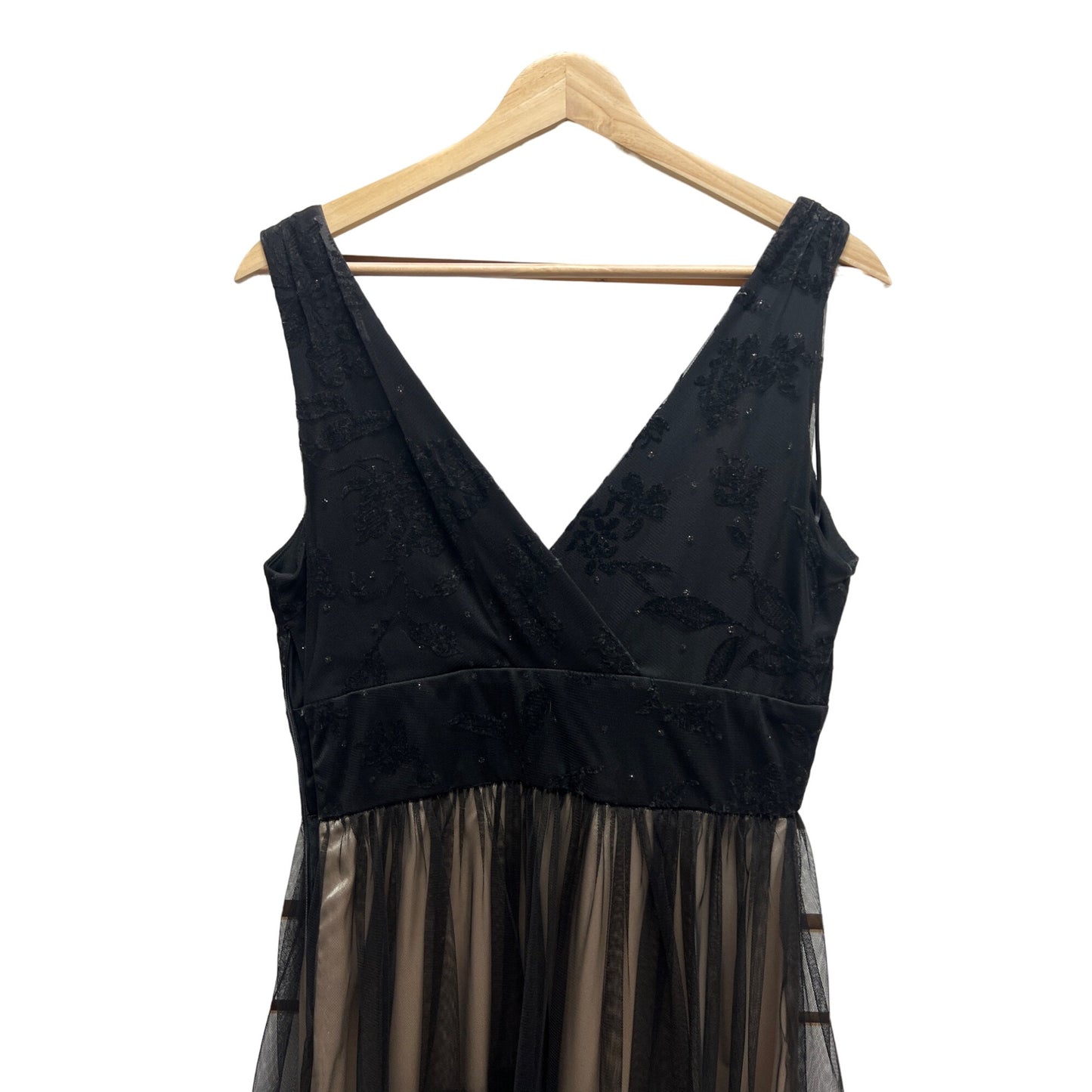 Sandra Darren Nude and Black Overlay A-Line Tulle Cocktail Dress