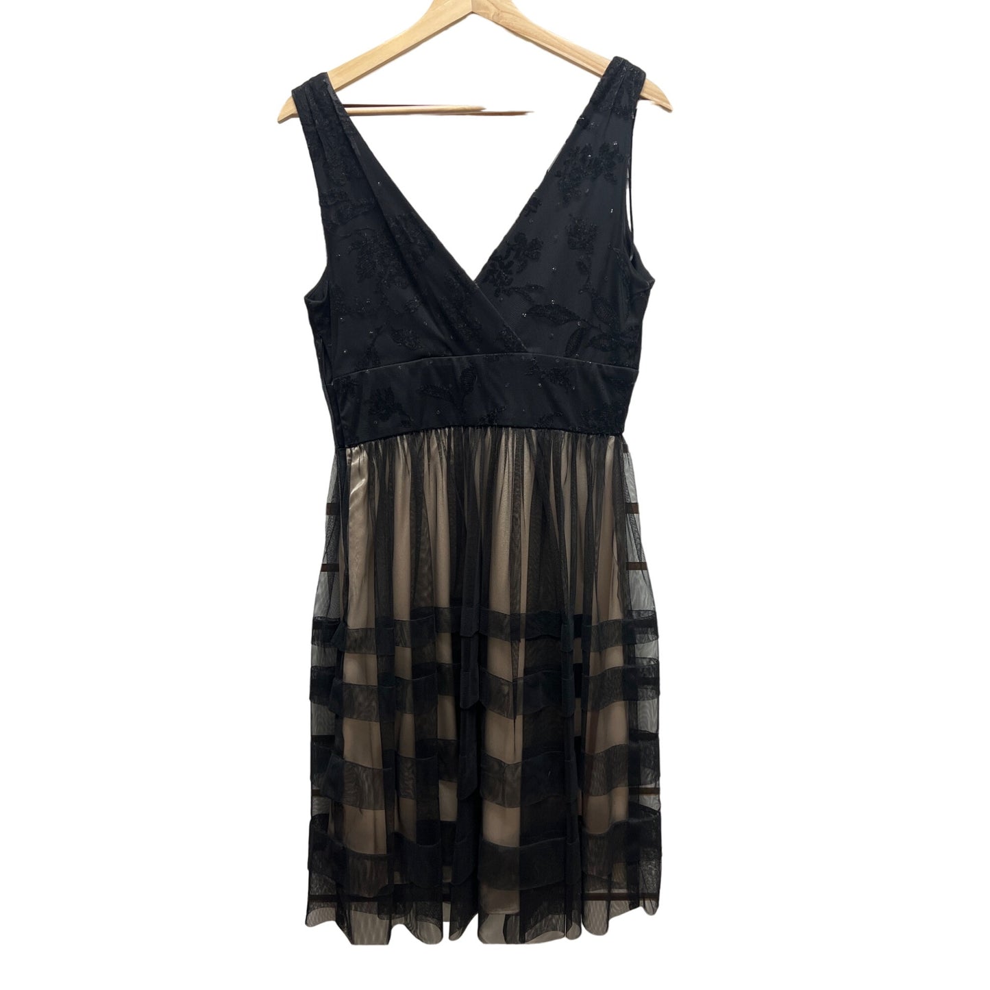 Sandra Darren Nude and Black Overlay A-Line Tulle Cocktail Dress