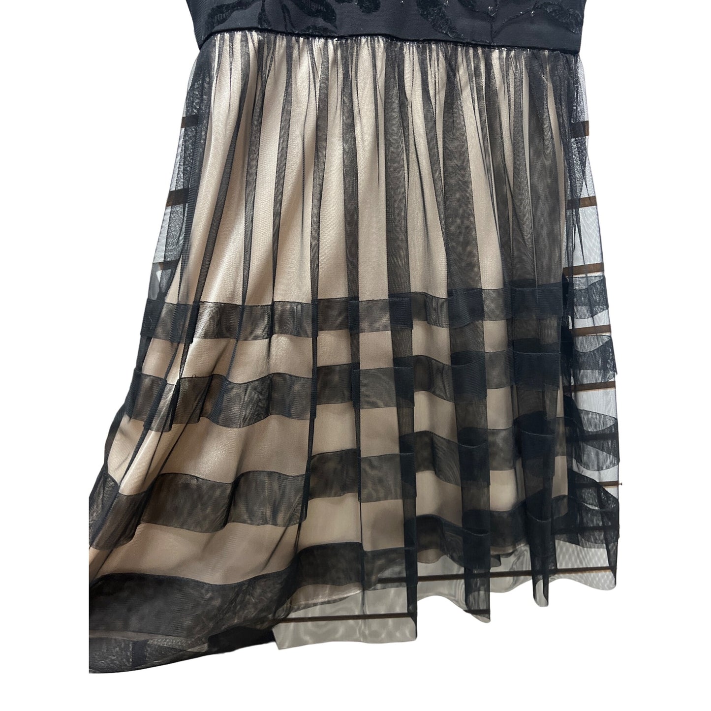 Sandra Darren Nude and Black Overlay A-Line Tulle Cocktail Dress