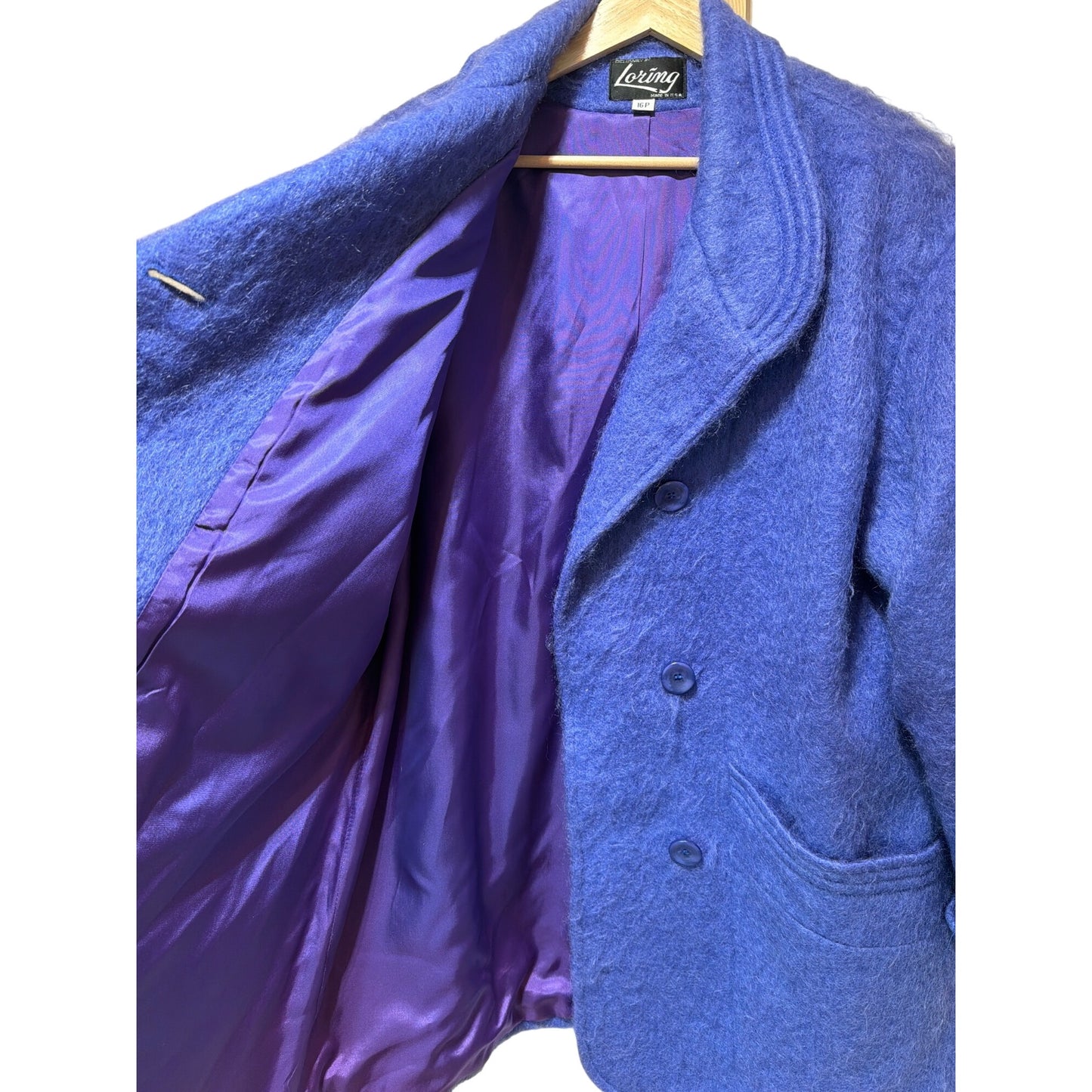 Loring Womens Vintage 90's Mohair Blend Coat Purple 16P Button Front Long Sleeve Made In USA