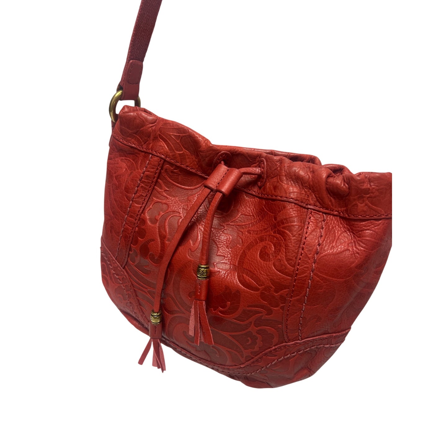 Fossil Tooled Floral Red Leather Crossbody Hobo Shoulder Bag