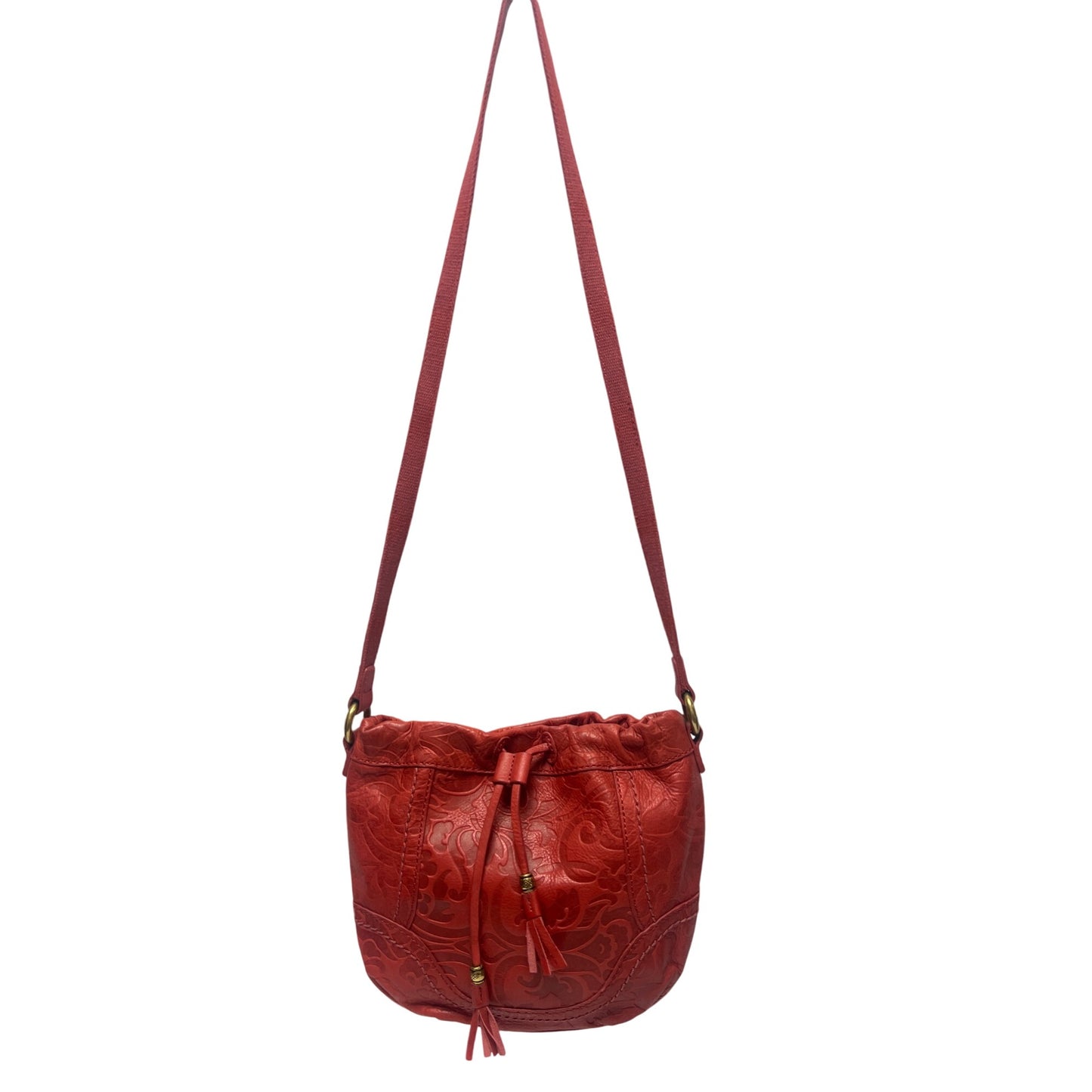 Fossil Tooled Floral Red Leather Crossbody Hobo Shoulder Bag