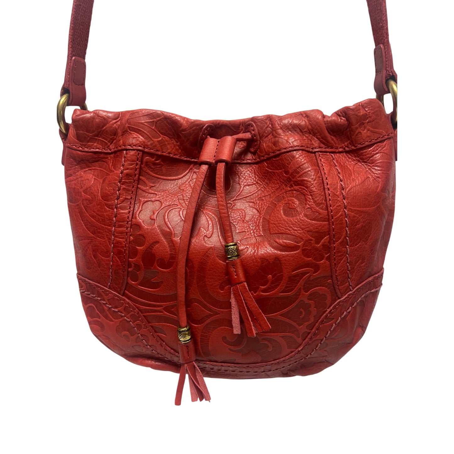 Fossil Tooled Floral Red Leather Crossbody Hobo Shoulder Bag