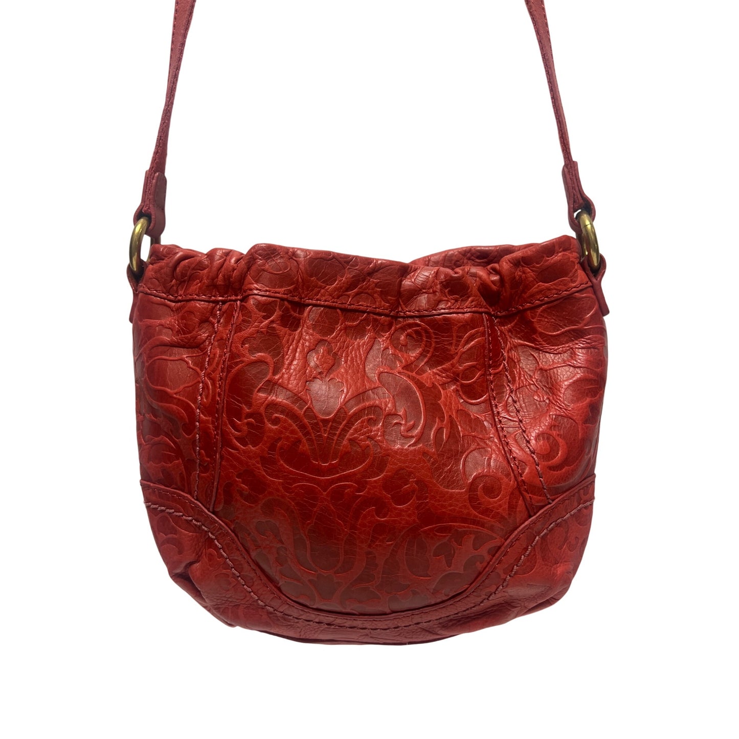 Fossil Tooled Floral Red Leather Crossbody Hobo Shoulder Bag