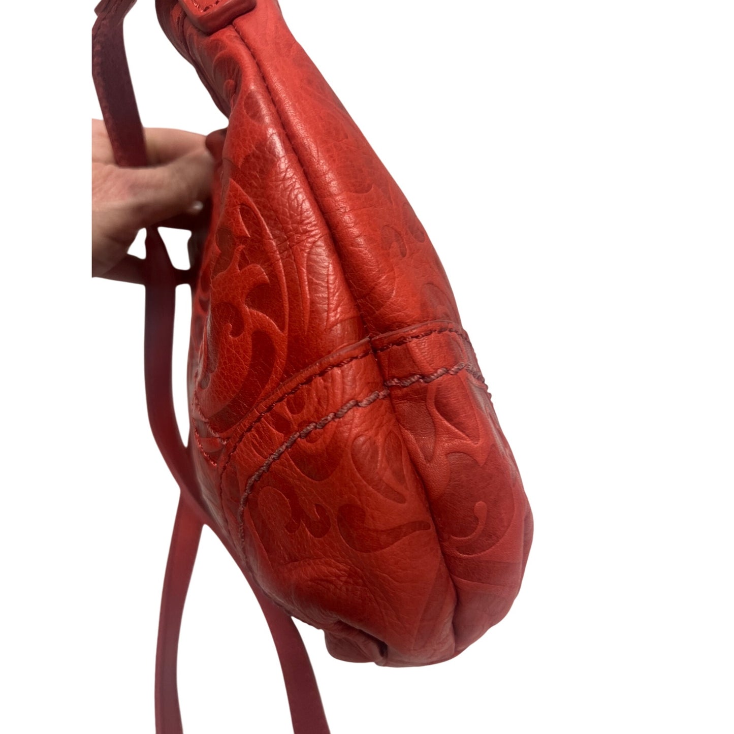 Fossil Tooled Floral Red Leather Crossbody Hobo Shoulder Bag