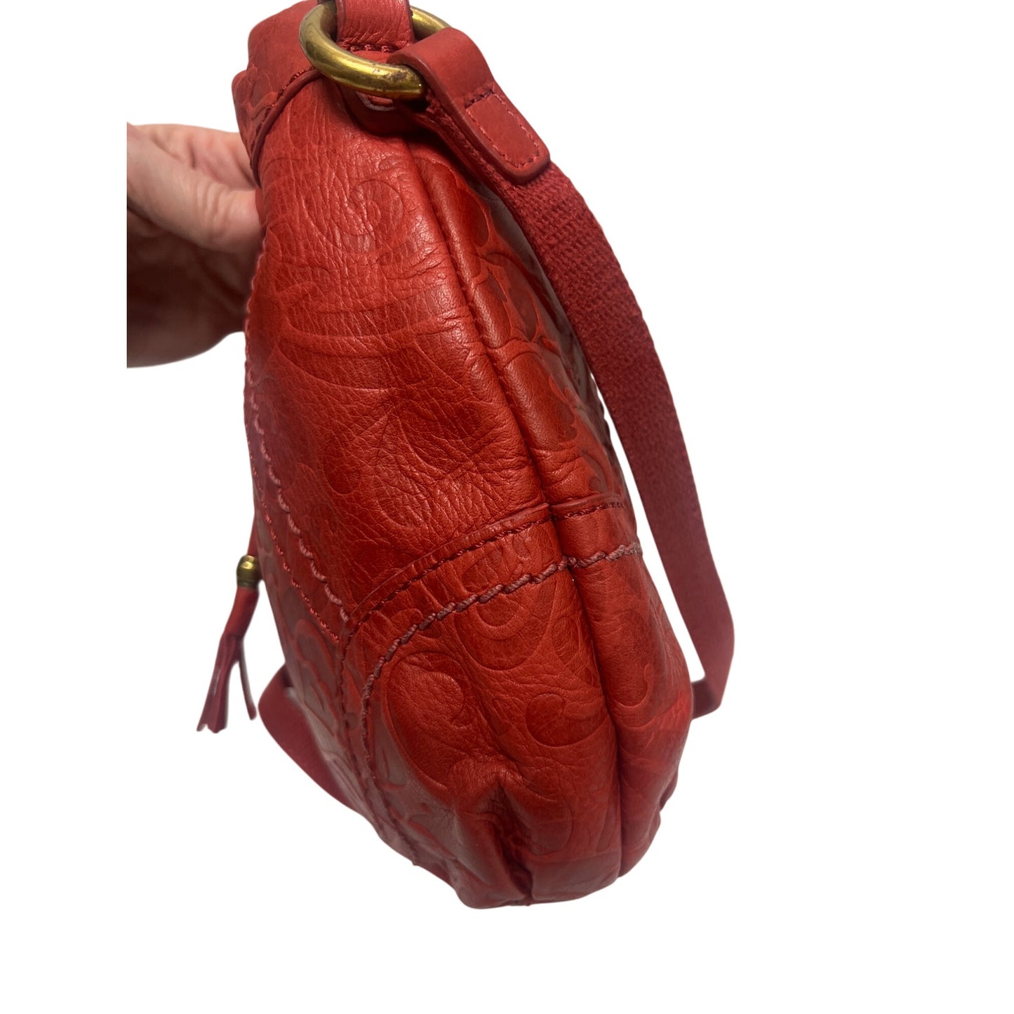 Fossil Tooled Floral Red Leather Crossbody Hobo Shoulder Bag