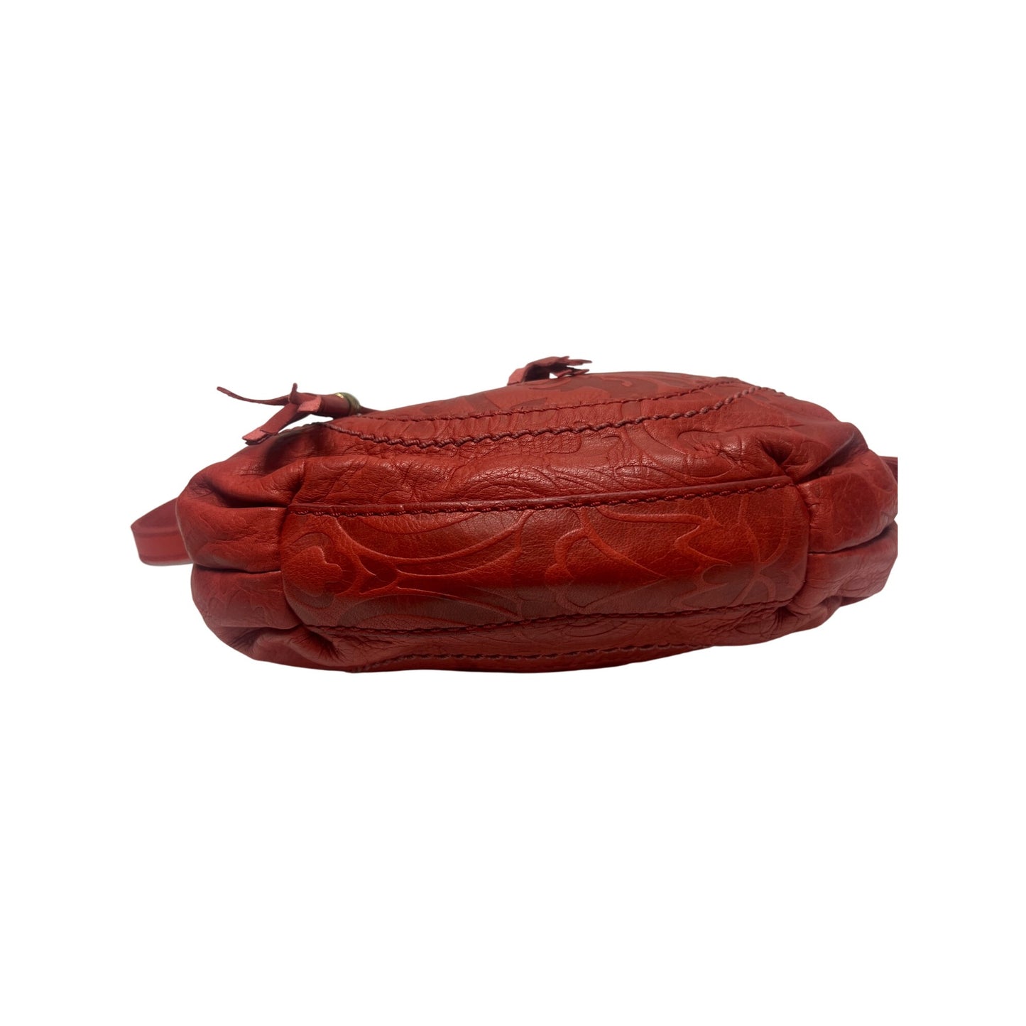 Fossil Tooled Floral Red Leather Crossbody Hobo Shoulder Bag
