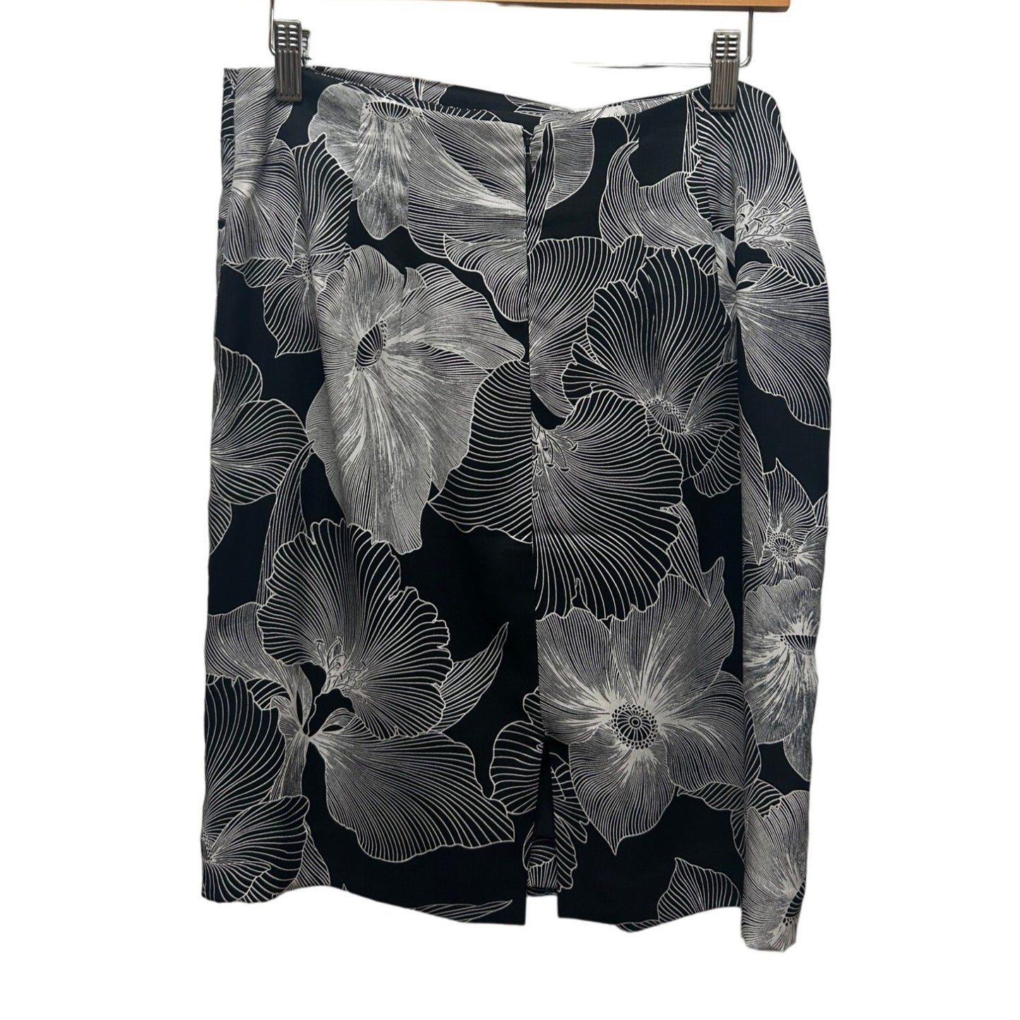 Loft Black & White Floral Faux Wrap Tropical Pencil Skirt with Ruffle