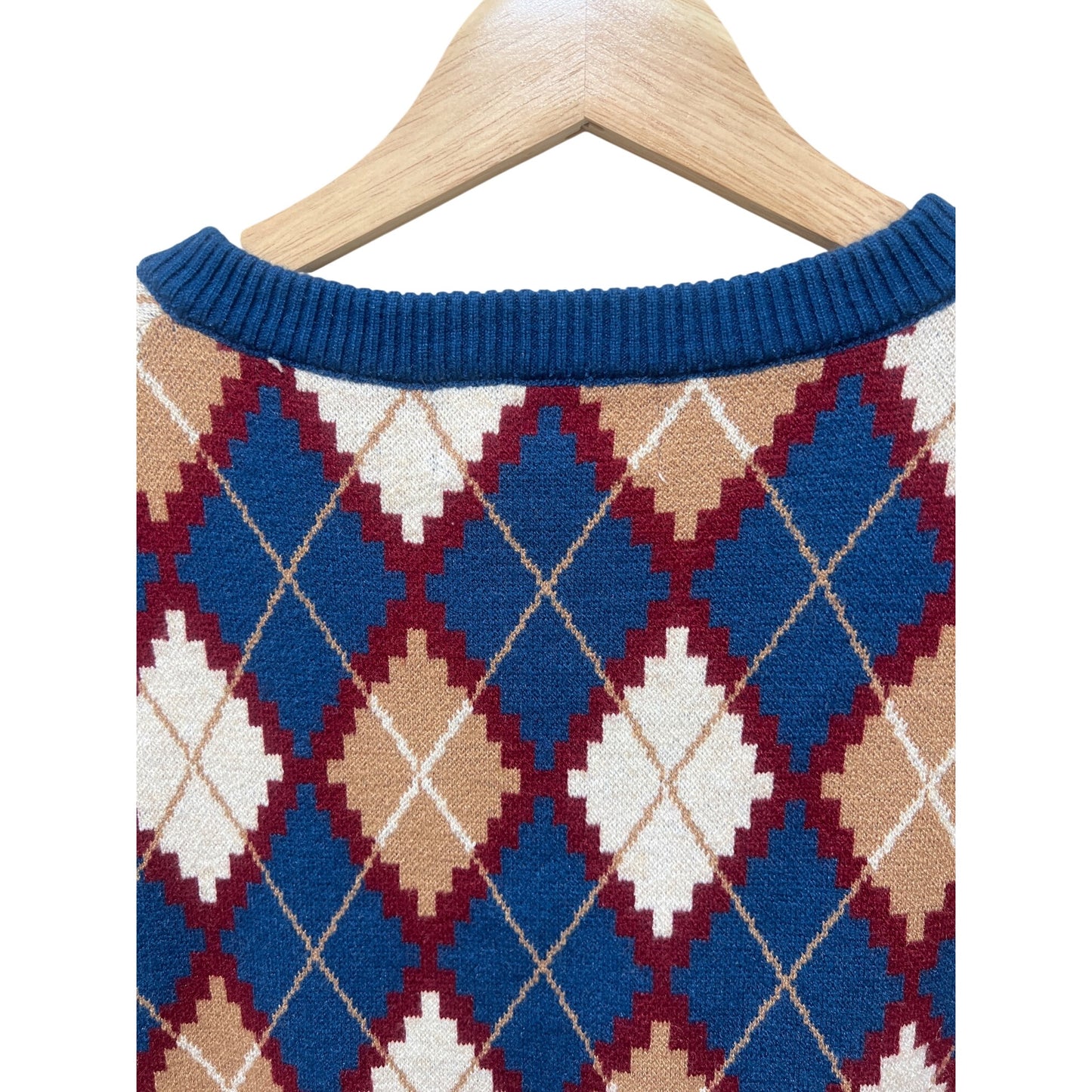 Retro Argyle Knit Sweater Vest By Cider NWT- Blue Beige & Burgundy Diamond Pattern - V-Neck Sleeveless Pullover