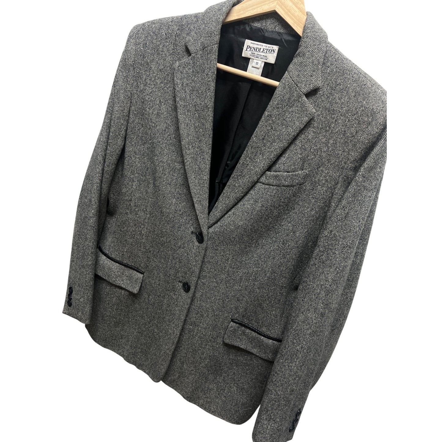 Pendleton Vintage 90's Y2K Gray Chevron Wool Black Faux Leather Trim Professional Blazer