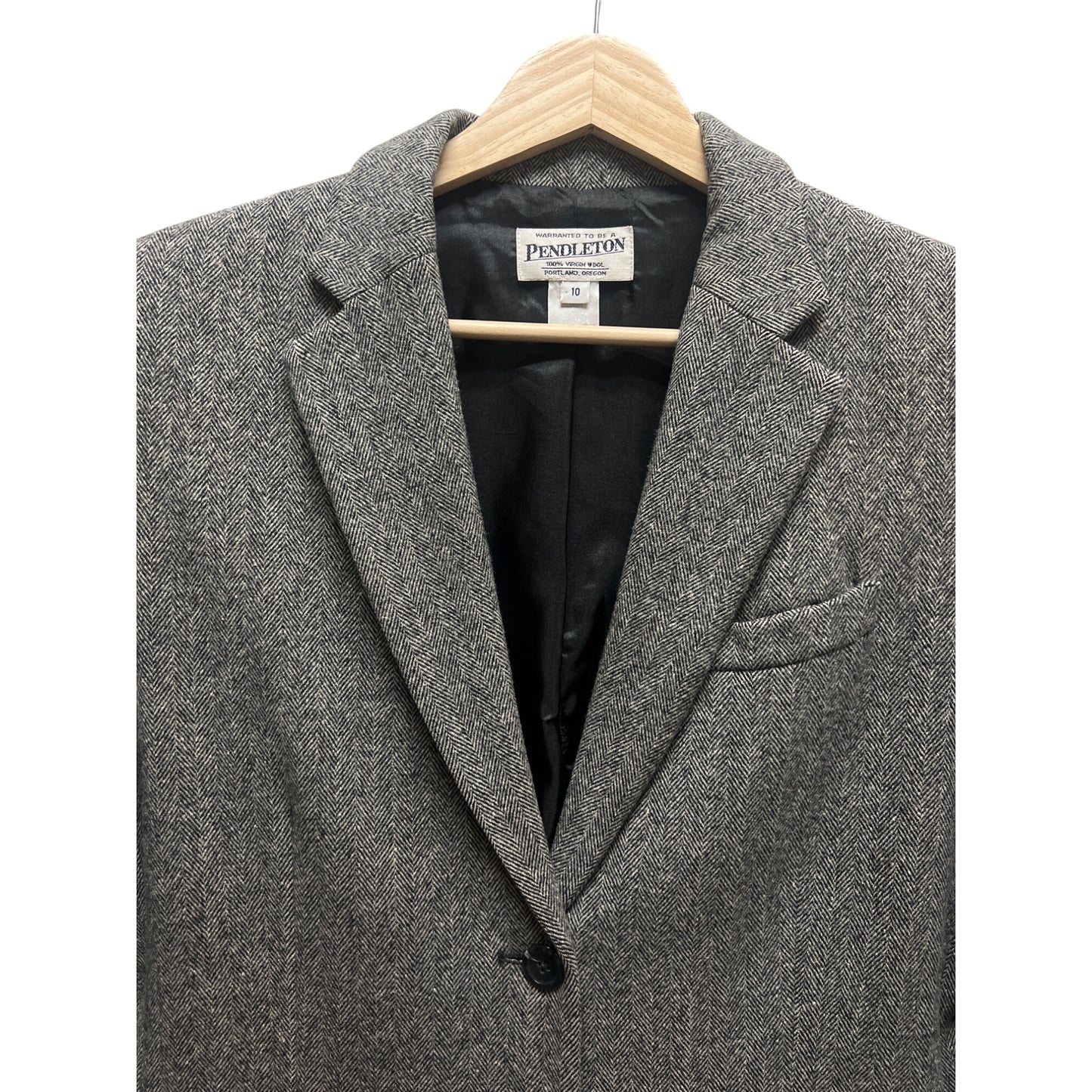 Pendleton Vintage 90's Y2K Gray Chevron Wool Black Faux Leather Trim Professional Blazer