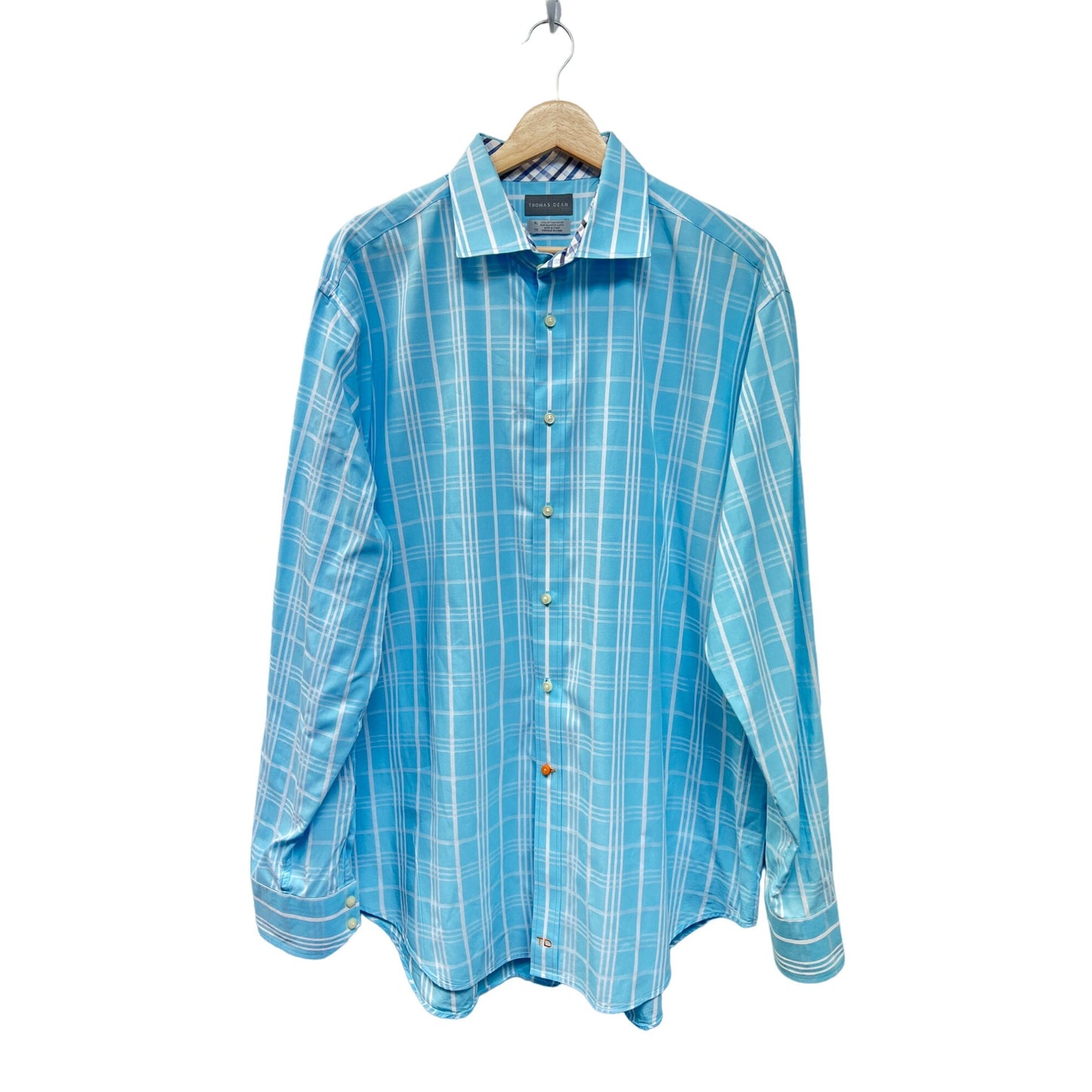 Thomas Dean Blue & White Plaid Long Sleeve Button Down with Contrasting Cuffs