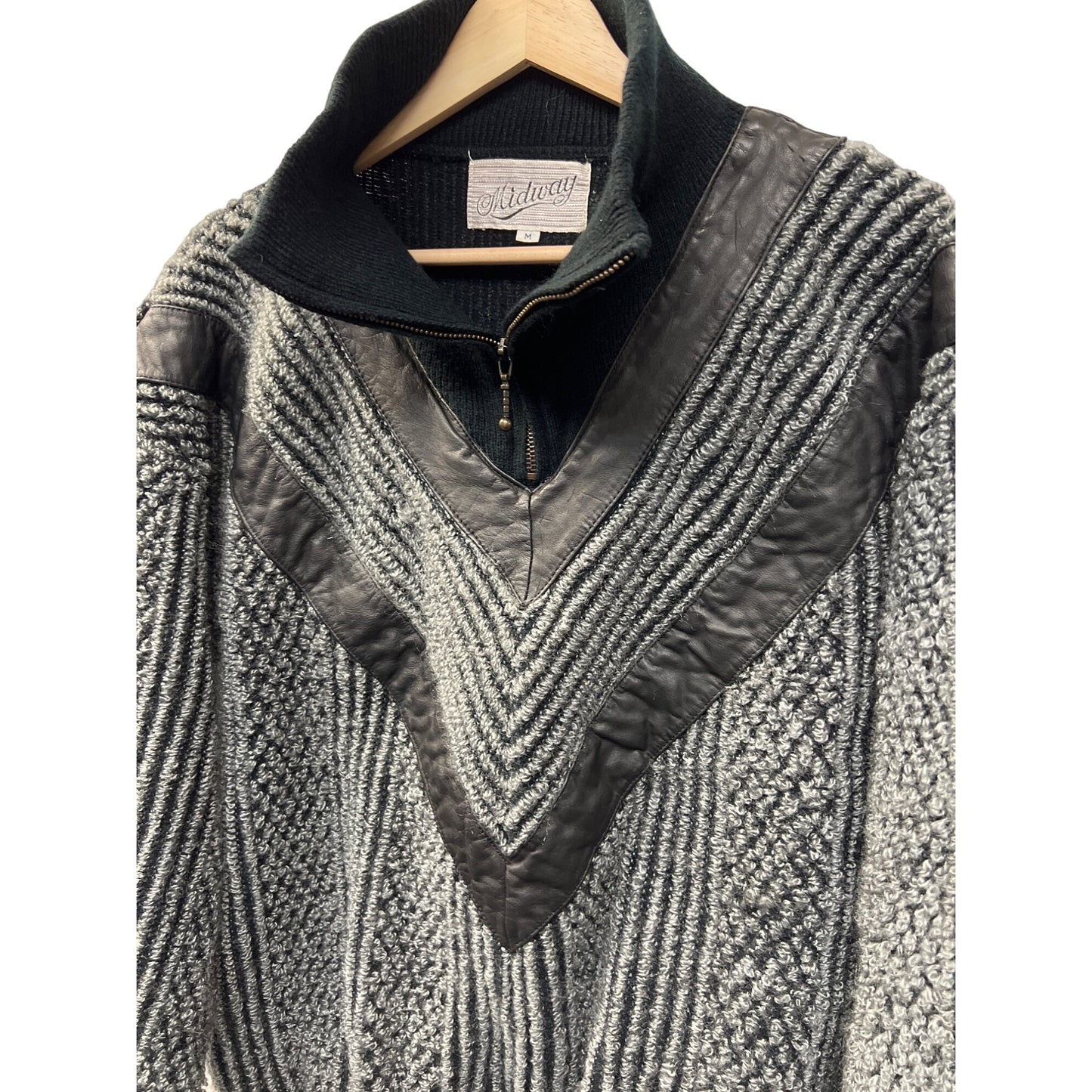 Midway Vintage 80's Quarter Zip Textured Sweater with Leather Trim
